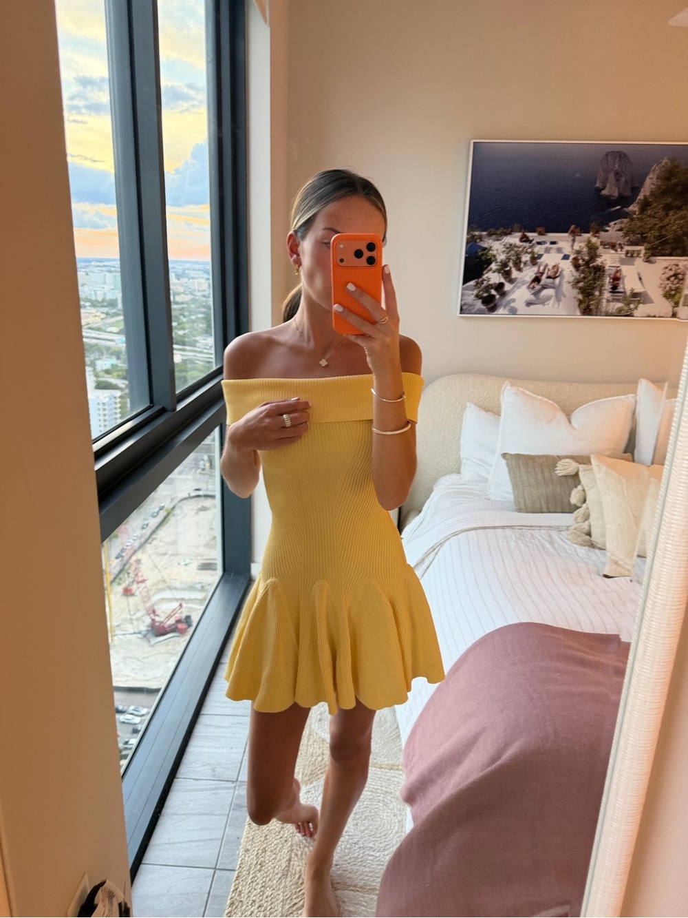 Retrofete Yellow Off-Shoulder Knit Mini Dress